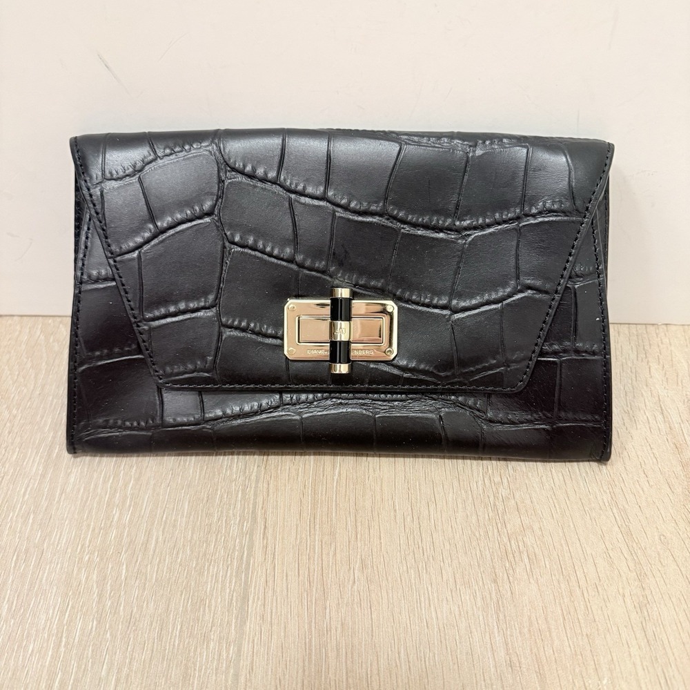 Diane Von Furstenberg Black Croc-embossed Leather Clutch Turn Lock Closure